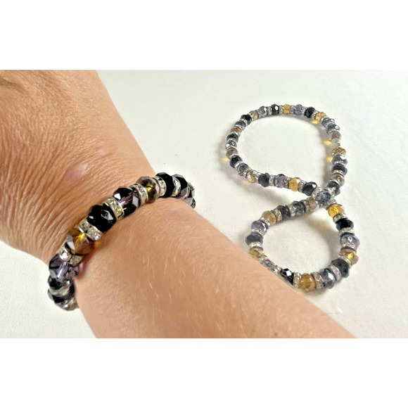 Artisan Made Faceted Beaded Necklace Bracelet Black Purple Silver Yellow Gold - Picture 3 of 7